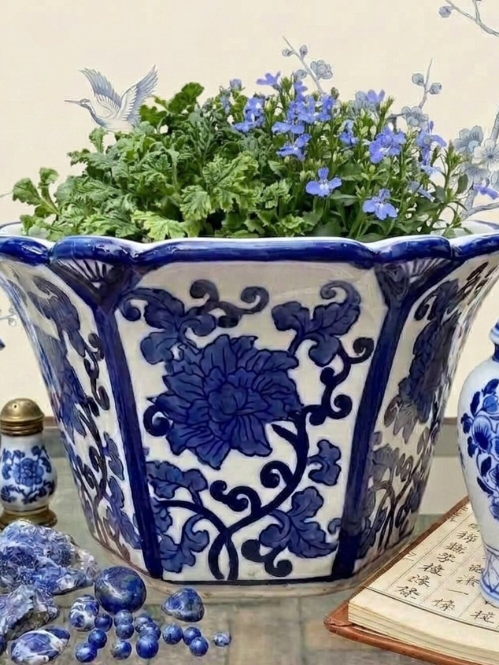 Blue and White Floral Ceramic Planter
